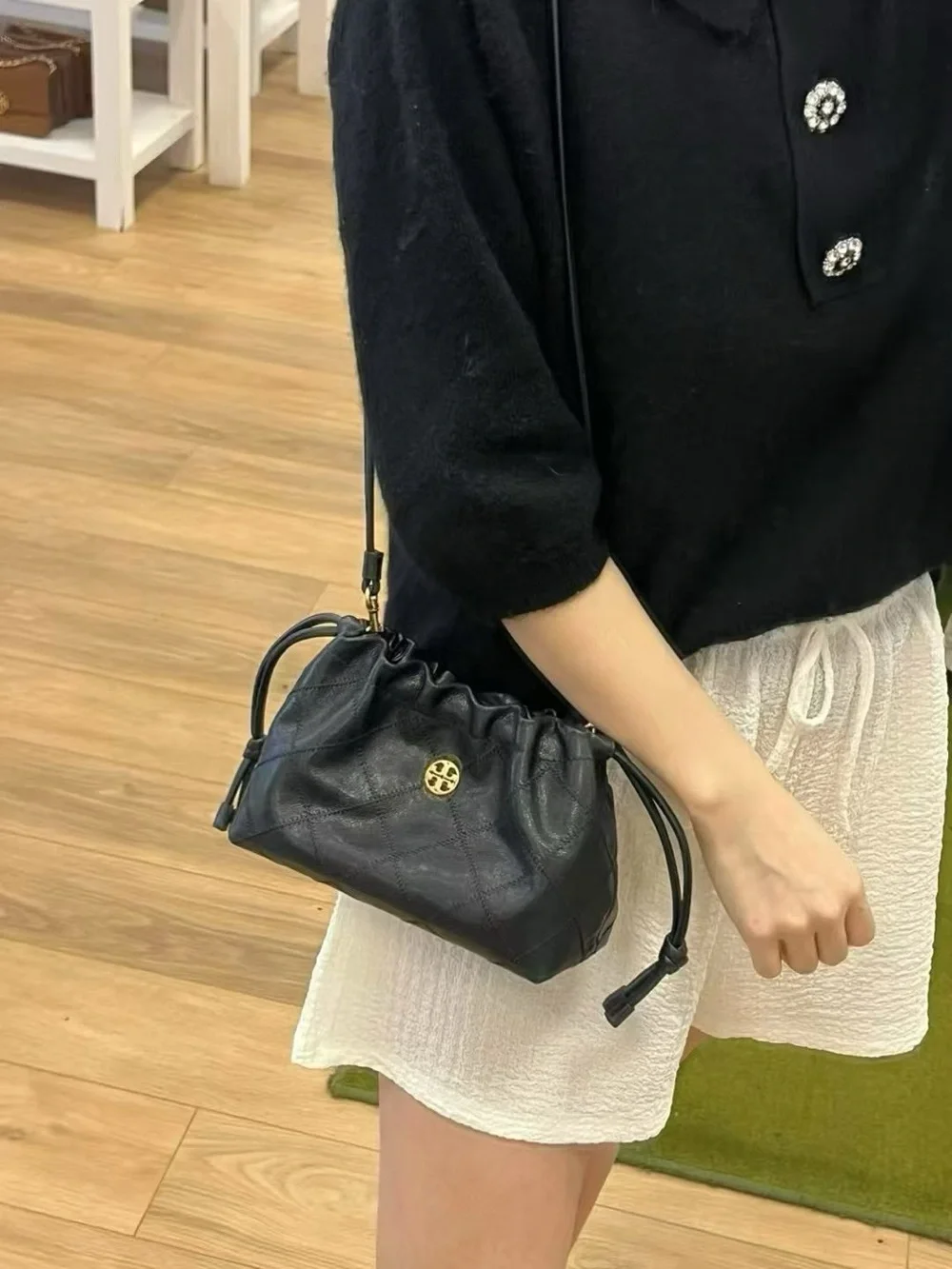 NWT Tory Burch Black Quilted Drawstring Mini Crossbody with Gold Logo